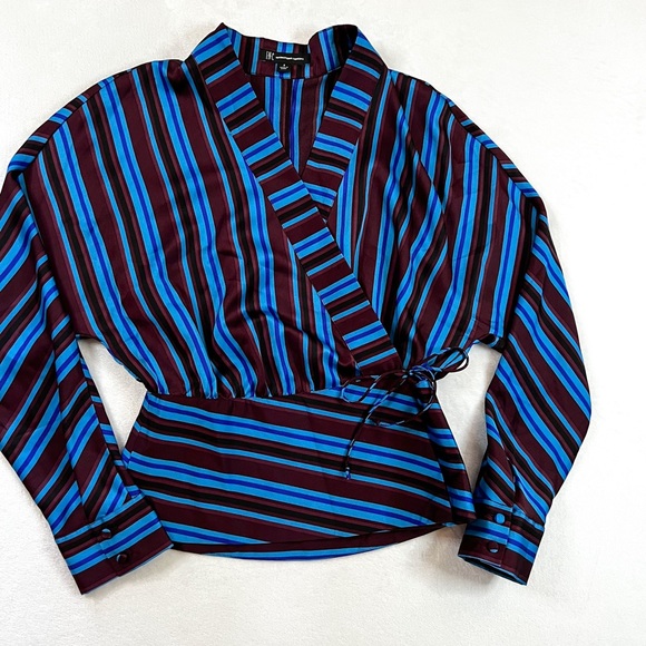 INC International Women’s Small Striped Wrap Front Blouse - Picture 4 of 9